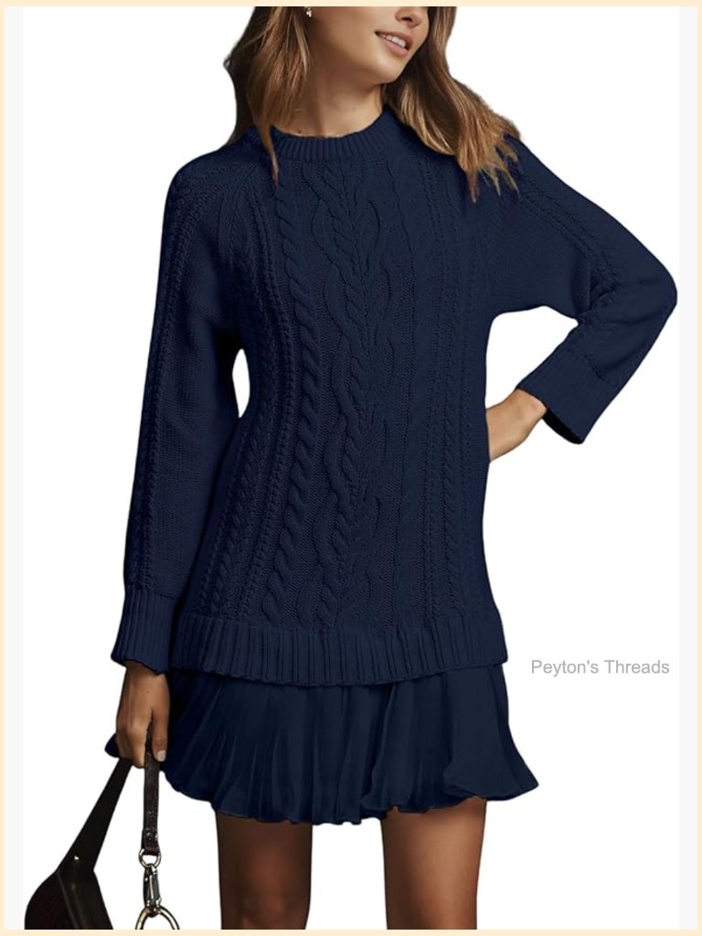 Cable Knit Sweater Mini Dress Crewneck Long Sleeve Pleated Twofer Patchwork